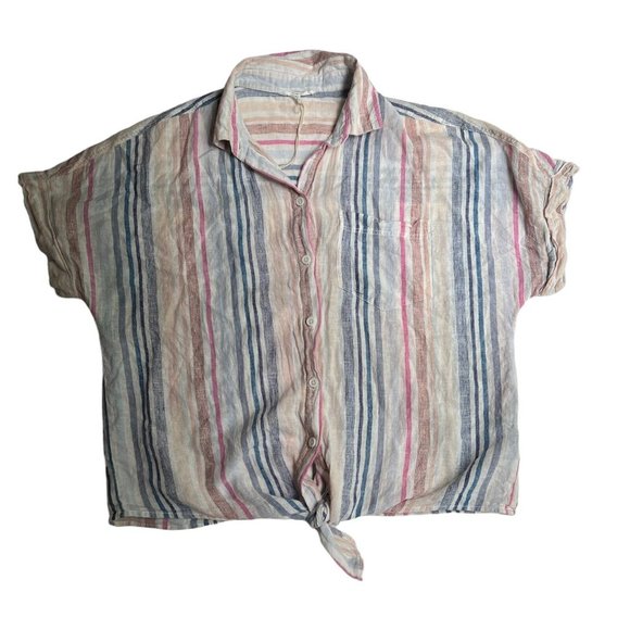 Beach Lunch Lounge Striped Tie Front Linen Button Down Blouse Sz Small - Picture 2 of 9